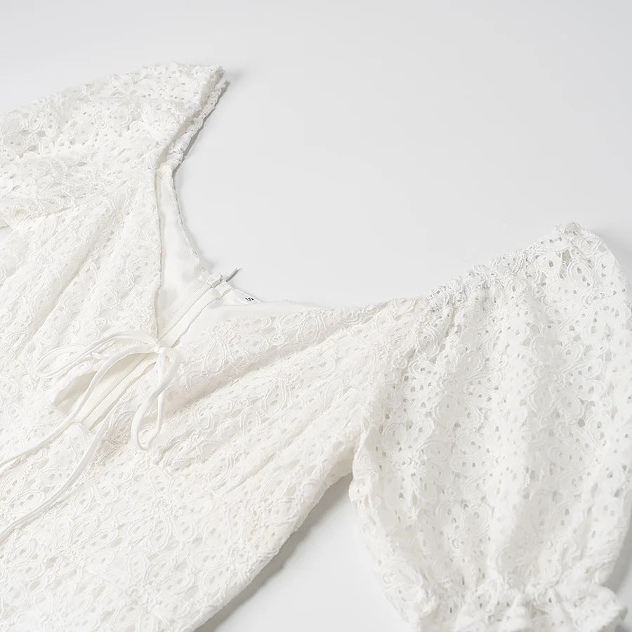 V-Neck Puff Sleeve Tie Lace Tiered Mini Dress | White Broderie Anglaise Babydoll