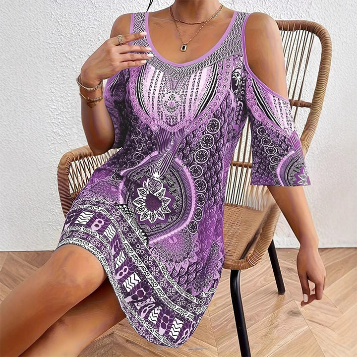 Off-shoulder short-sleeved digital print dress