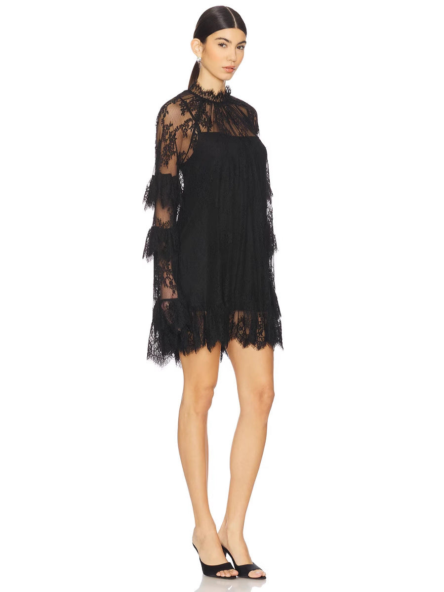 Sheer Lace Mini Dress Cover-Up, Ruffled Bell Sleeve High-Neck Tunic