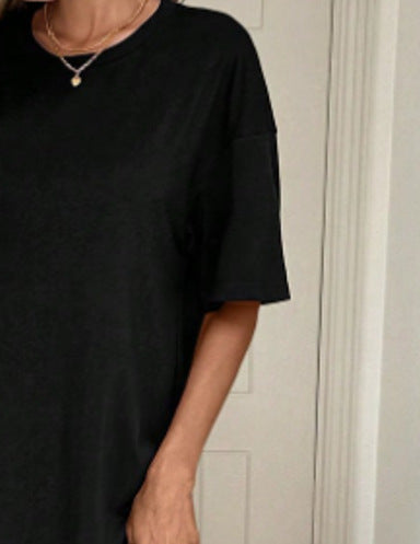 Black Oversized T-Shirt Maxi Dress with Lace Hem, Casual Layered Look