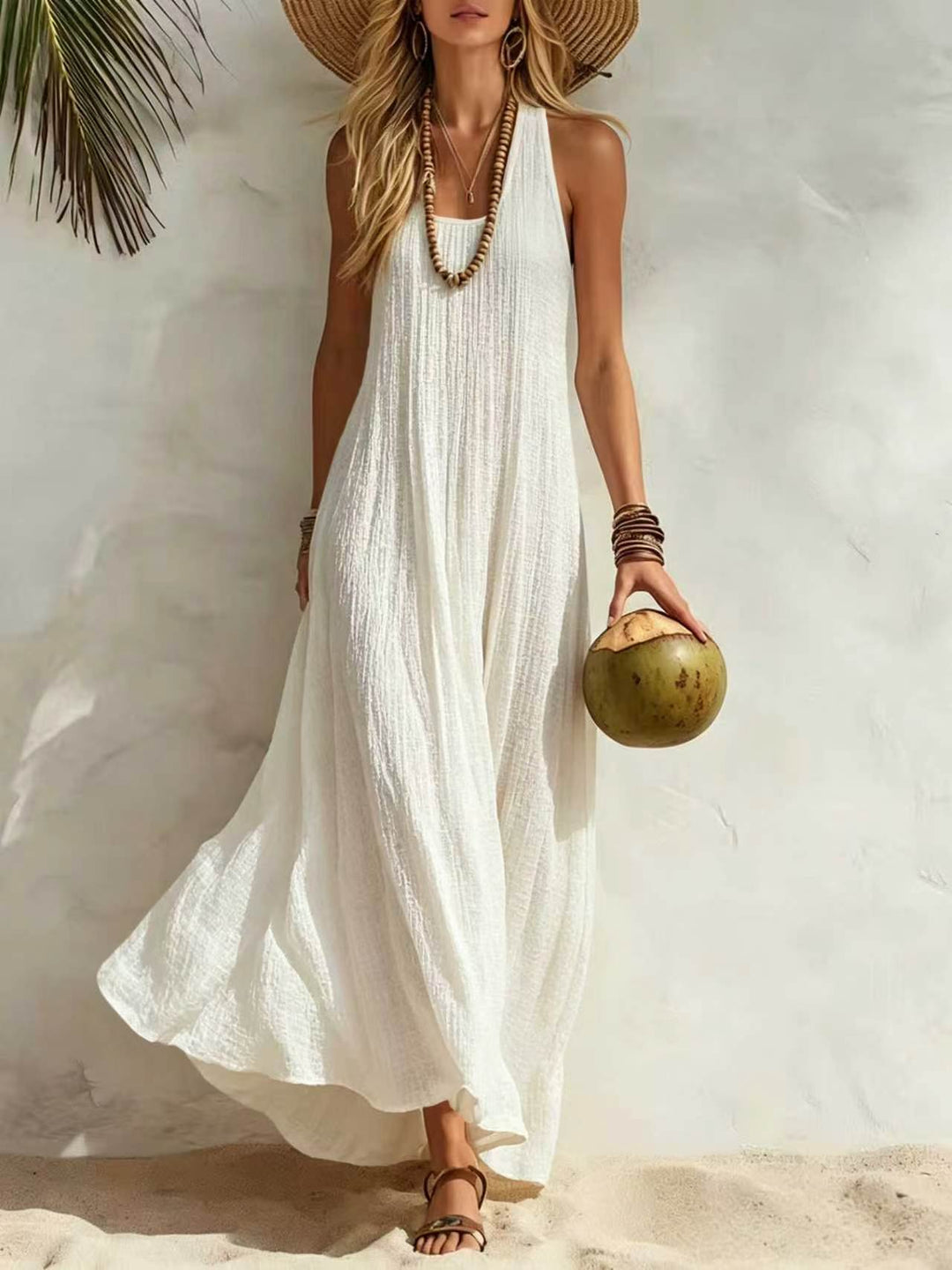 White Sleeveless Crinkled Linen-Blend Maxi Dress
