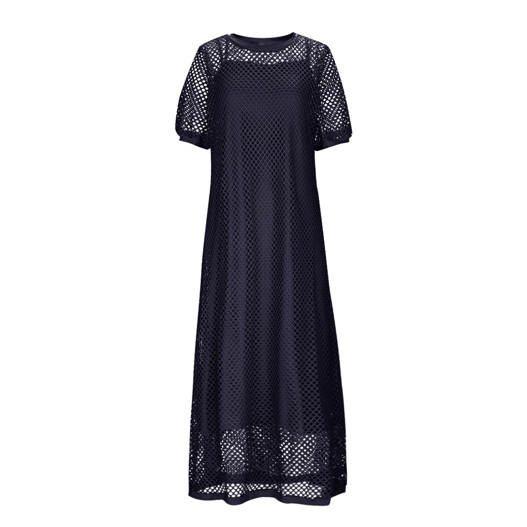 White Hollow Out Open Knit Short Sleeve Round Neck Maxi Cover Up Dress