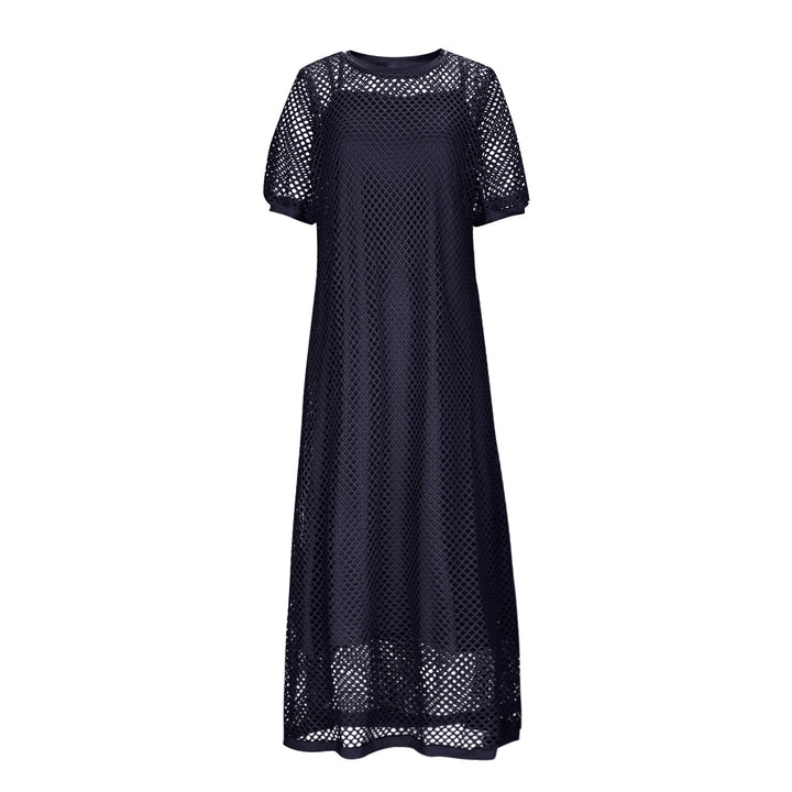 White Hollow Out Open Knit Short Sleeve Round Neck Maxi Cover Up Dress