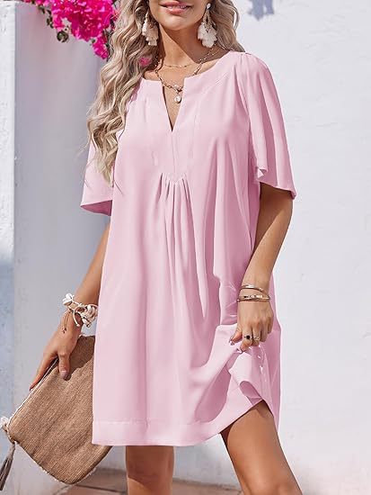 Loose-Fit Tunic Dress, V-Neck with Pleats &amp;amp; Flowy Half Sleeves