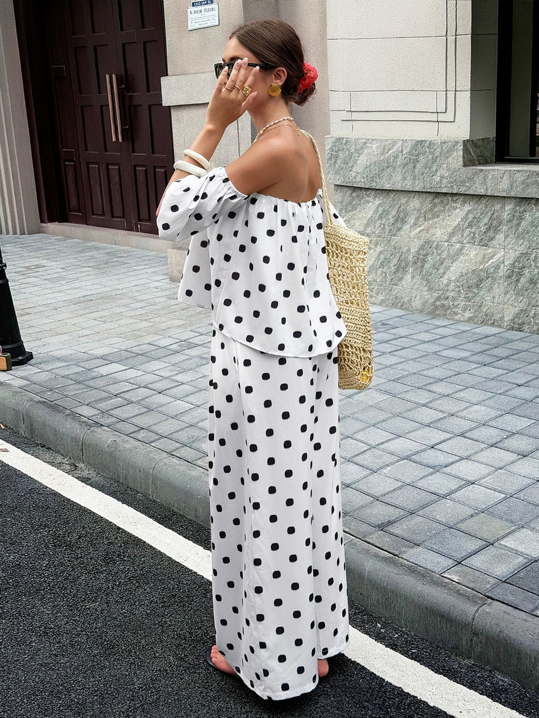 White Polka Dot Off-Shoulder Two-Piece Set