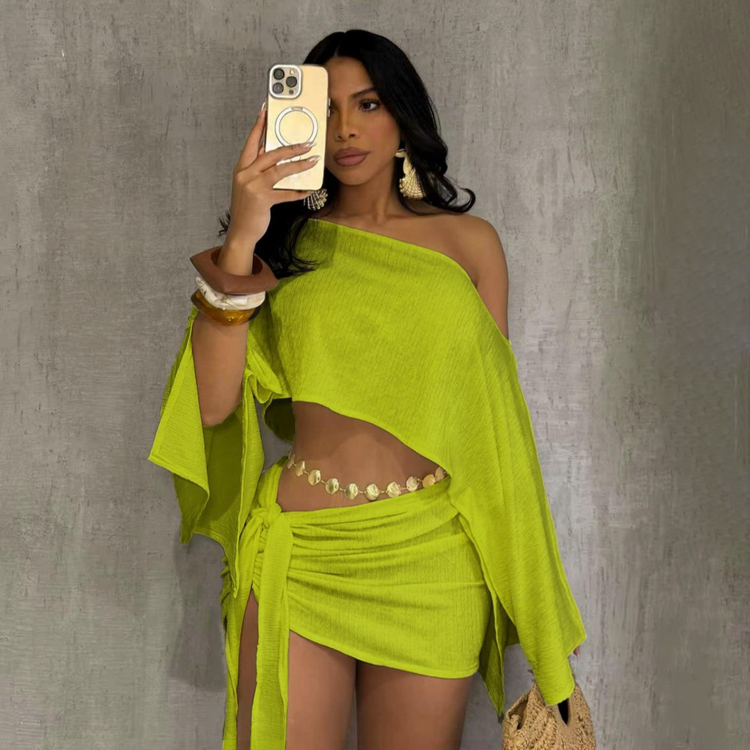 Off‑Shoulder Wrap Skirt Two‑Piece Set