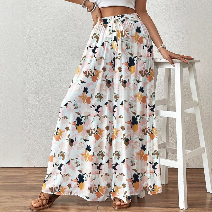Floral Print Wide Leg Pants, High Waist Drawstring Palazzo Trousers