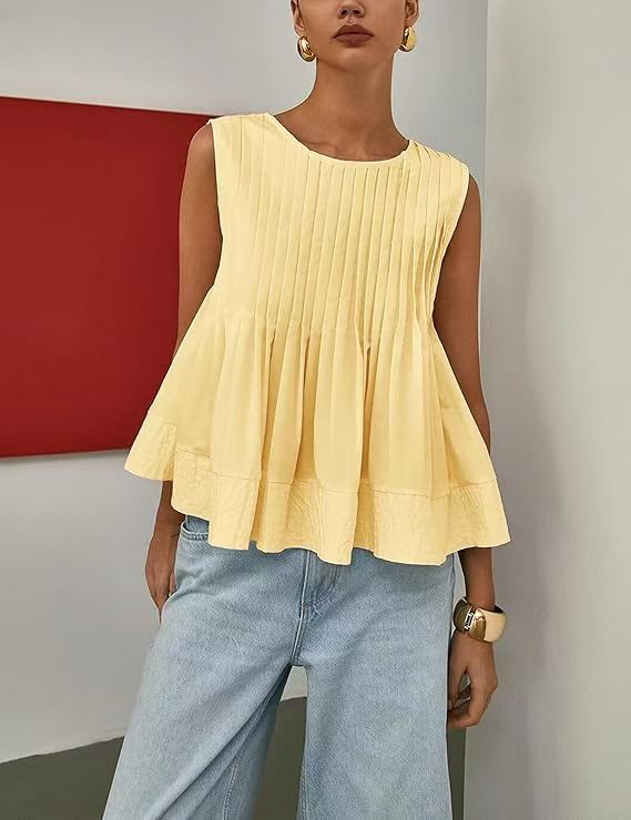 Pleated Peplum Sleeveless Blouse, Round Neck Flowy Summer Top