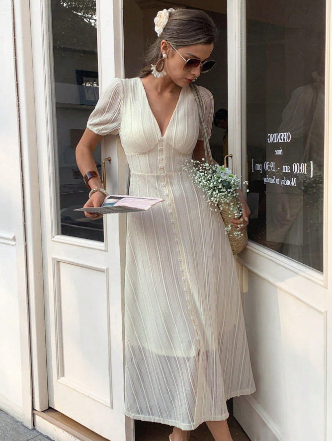 French V-Neck Puff Sleeve Textured Button Down A-Line Midi Dress | Cream Ribbed Romantic Midi