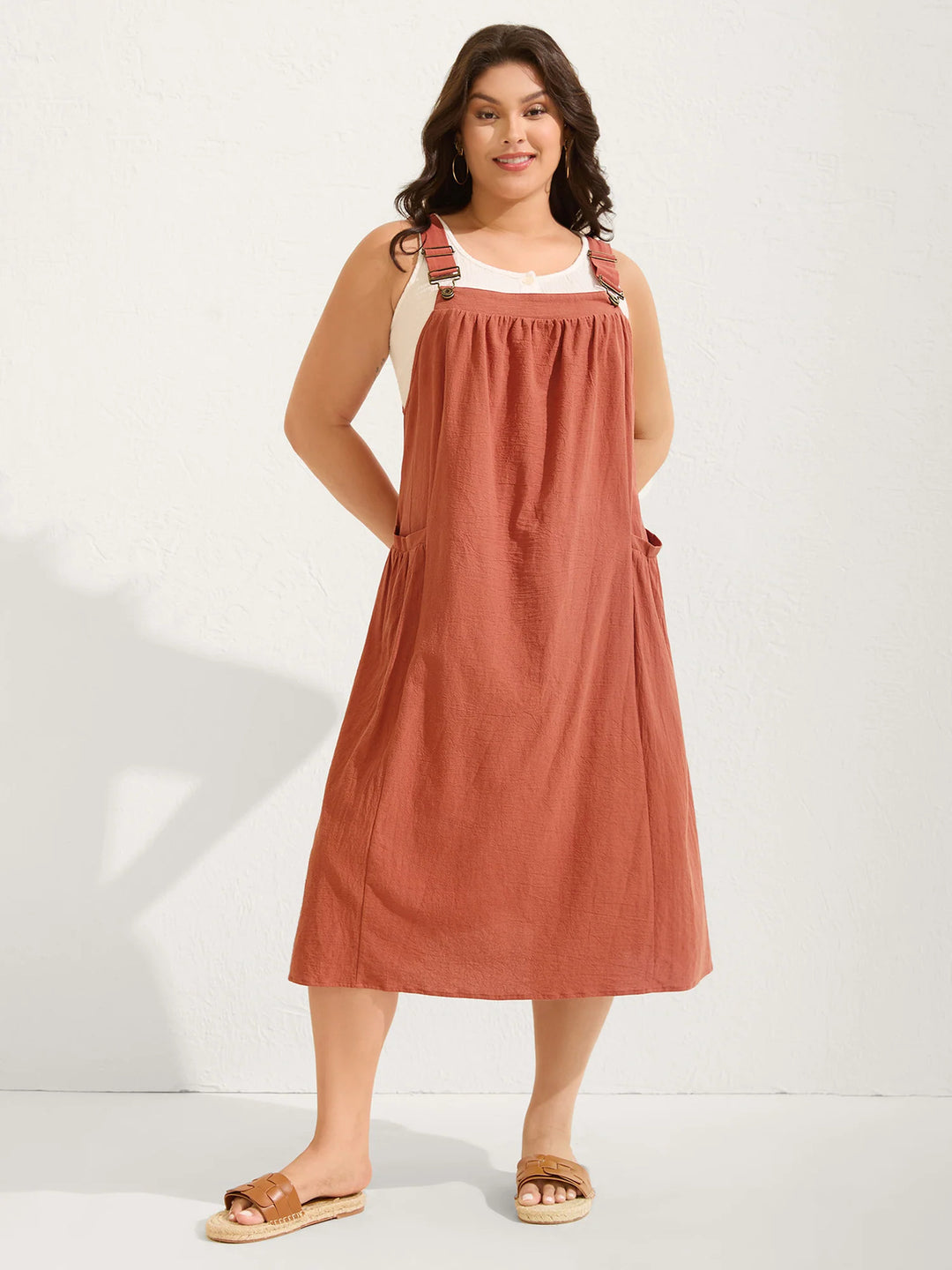 Plus Size  Adjustable Strap Pinafore Midi Dress with Pockets