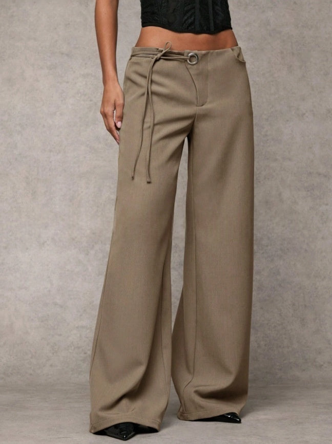 Low-Rise Tie Waist Wide Leg Trousers | Tailored Flare Pants with Metal Ring Detail for Women