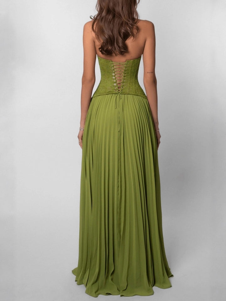 Olive Green Lace Halter Pleated Maxi Dress