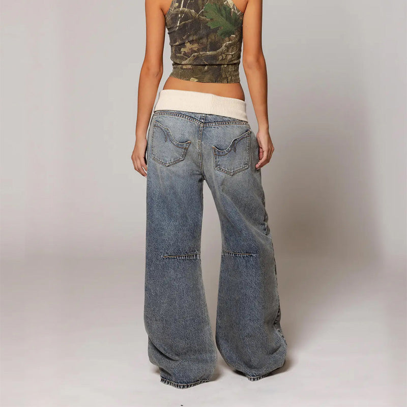 Vintage distressed ribbed straight leg jeans
