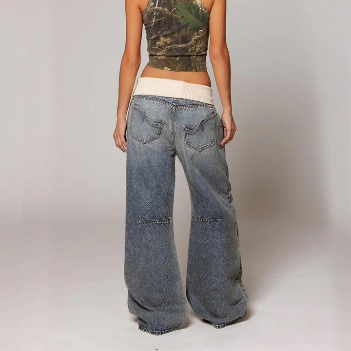 Vintage distressed ribbed straight leg jeans