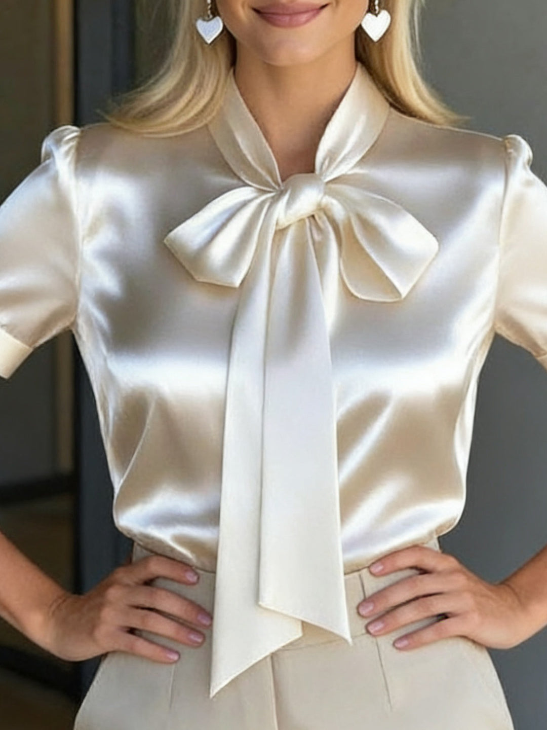 Satin Bow Neck Blouse - Elegant Short Puff Sleeve Silk Feel Shirt for Women