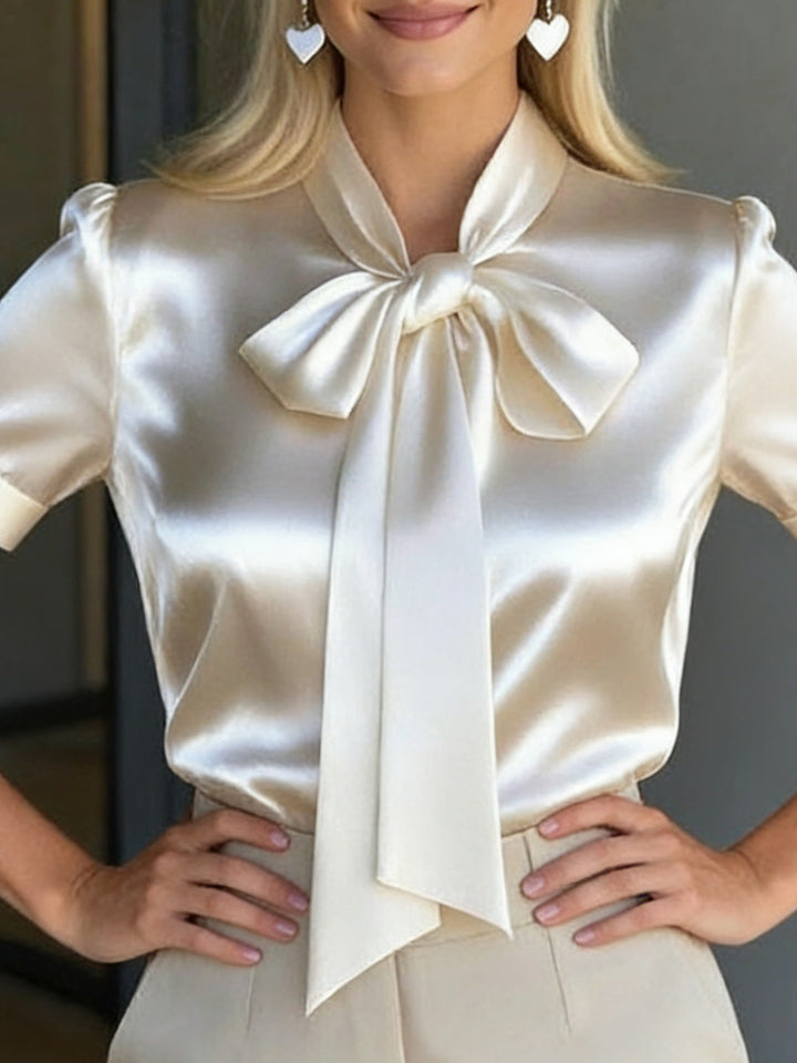 Satin Bow Neck Blouse - Elegant Short Puff Sleeve Silk Feel Shirt for Women