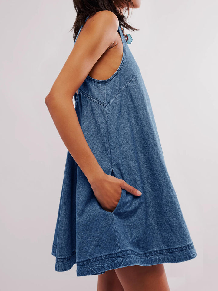 Backless Denim Mini Babydoll Dress with Pockets