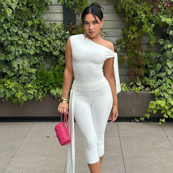 One-Shoulder Tie-Detail Two-Piece Set | Bodycon Crop Top &amp;amp; Capri Leggings Outfit