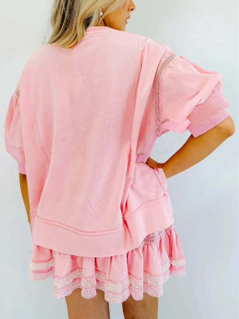 Pink Lace Trim 2-Piece Top &amp;amp; Skirt Set