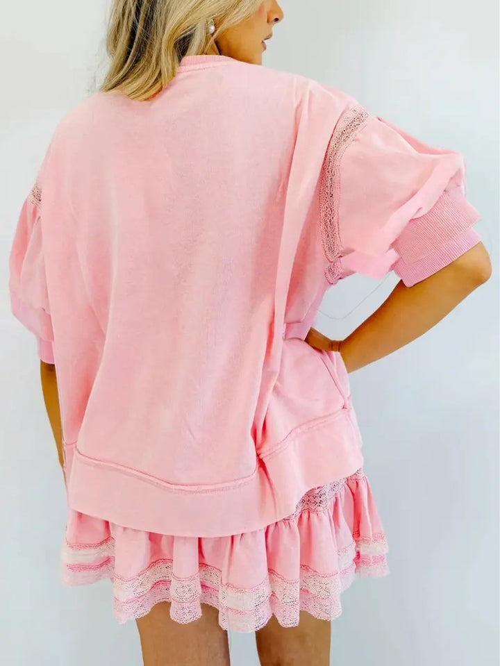 Pink Lace Trim 2-Piece Top &amp;amp; Skirt Set