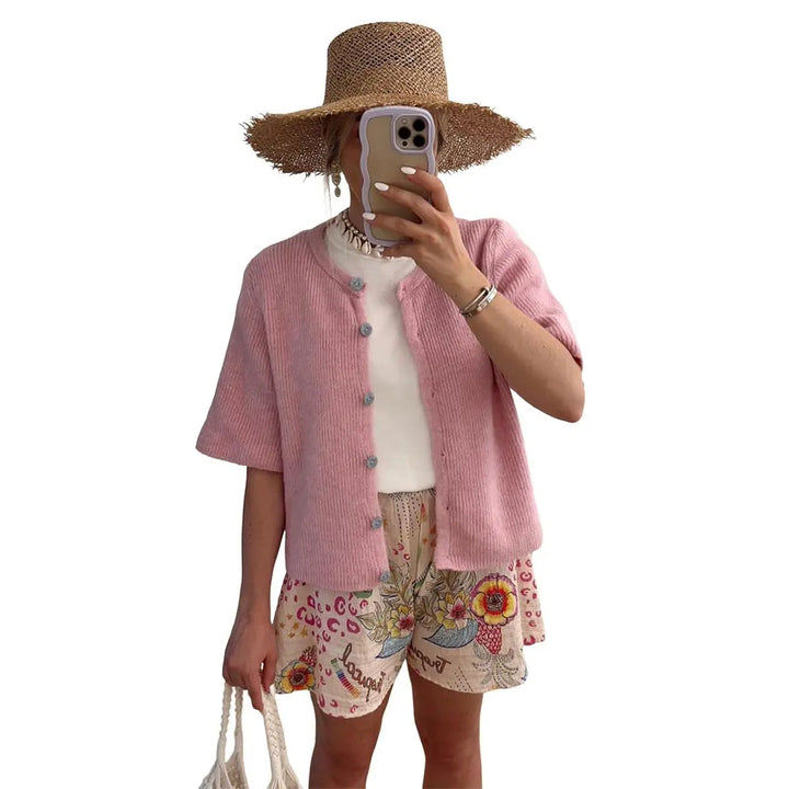 Short-Sleeve Knit Cardigan, Button-Up Relaxed Fit Top