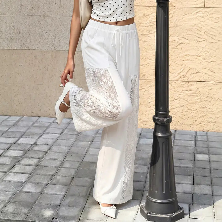Floral lace patchwork elastic waist wide-leg pants