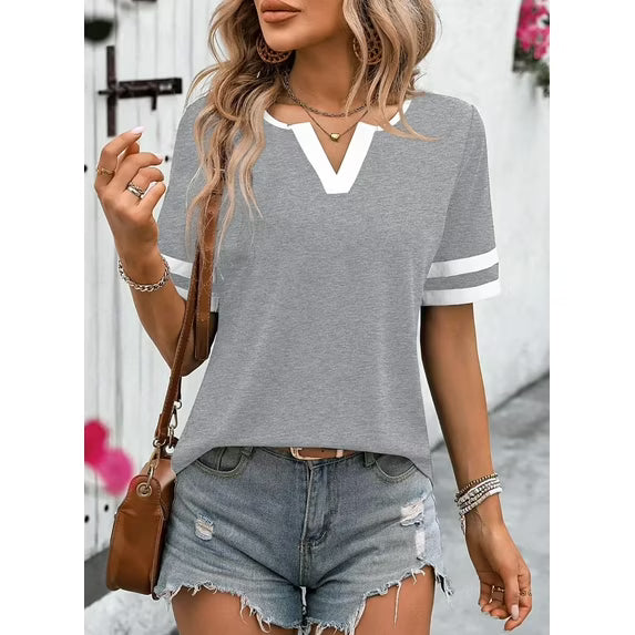 Slub Knit Crew Neck T-Shirt – Heather Grey Contrast Trim Casual Short Sleeve Top