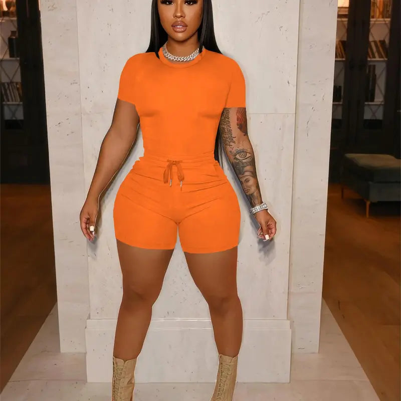 Short Sleeve Top Drawstring Biker Shorts Two-Piece Set