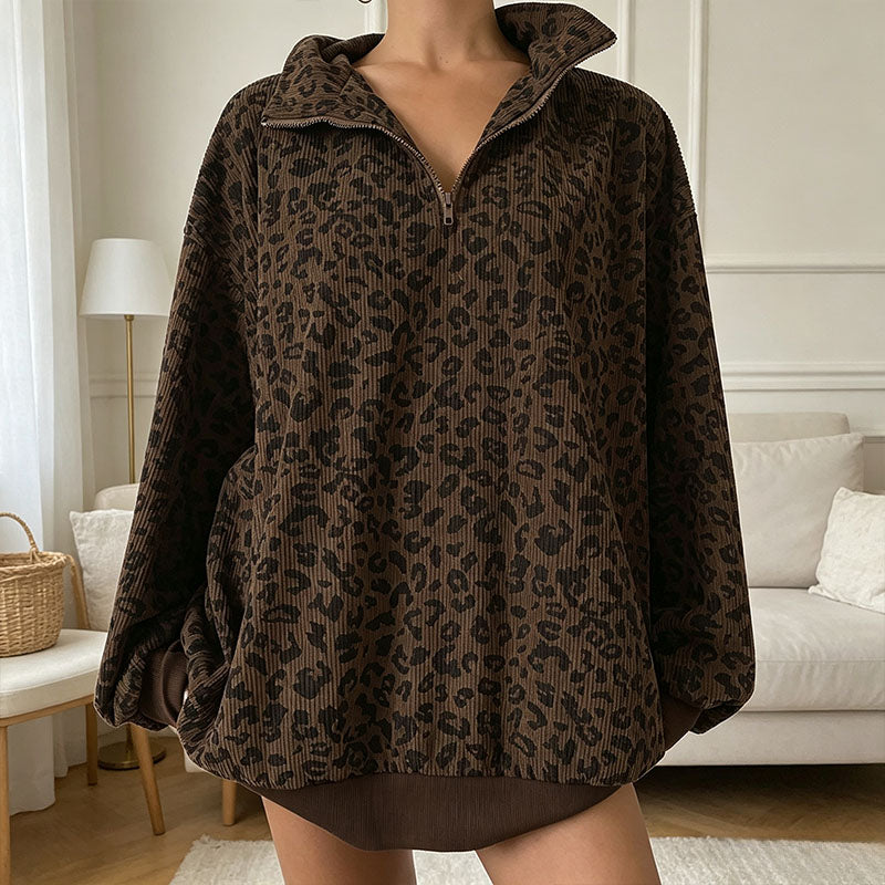 Leopard print stand-up collar pullover sweatshirt