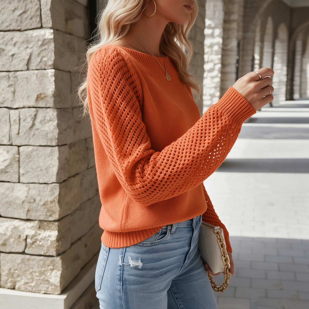 Boat Neck Hollow Out Long Sleeve Knit Sweater