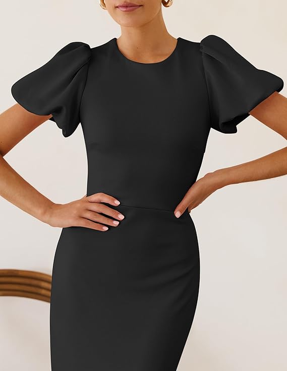Beige Puff Sleeve Bodycon Midi Dress