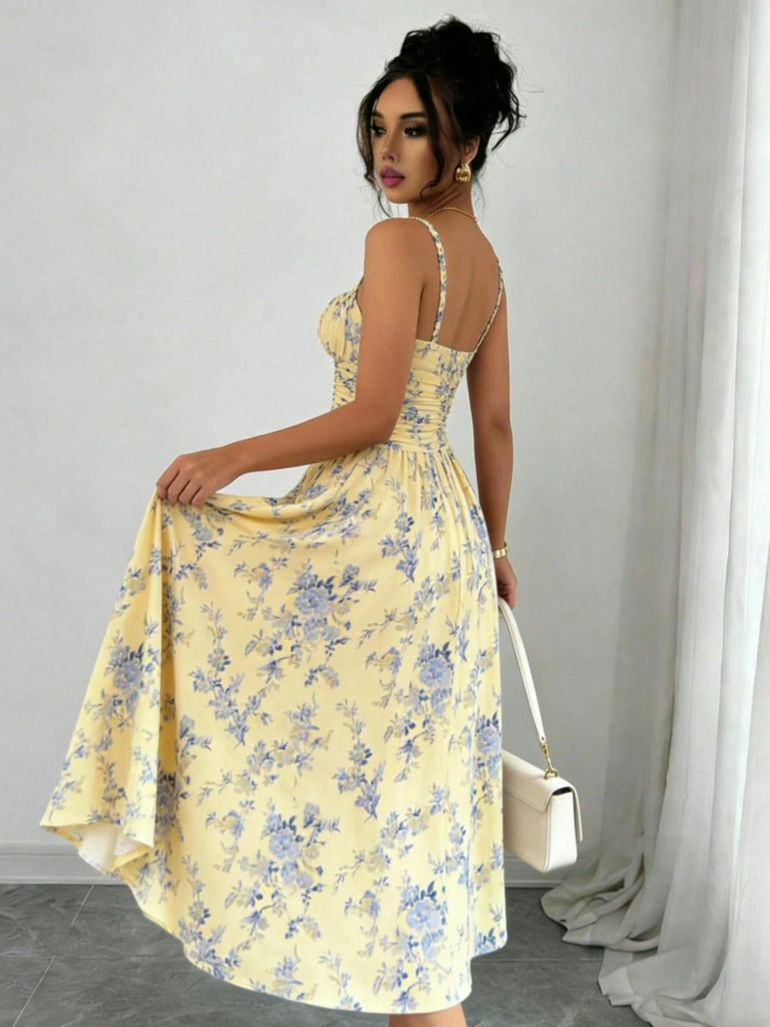 Yellow Blue Floral Ruched Waist Midi Dress