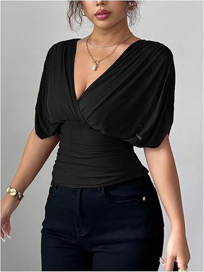 Olive Green Ruched Mesh Dolman Sleeve V-Neck Top