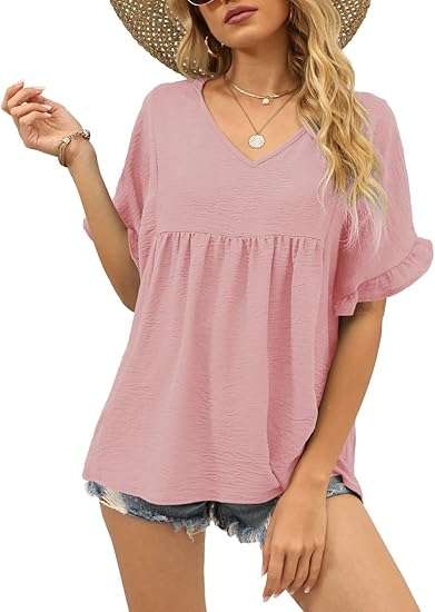 Crinkled Babydoll Blouse, V-Neck Ruffle Short Sleeve Casual Top