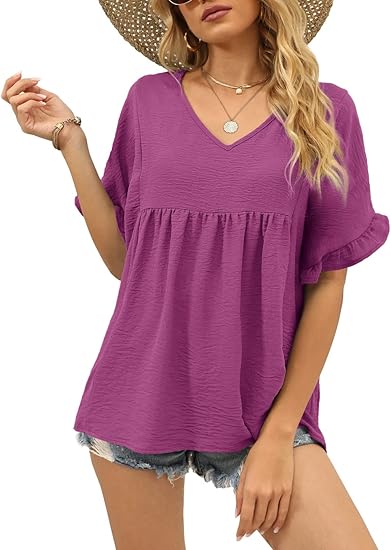 Crinkled Babydoll Blouse, V-Neck Ruffle Short Sleeve Casual Top