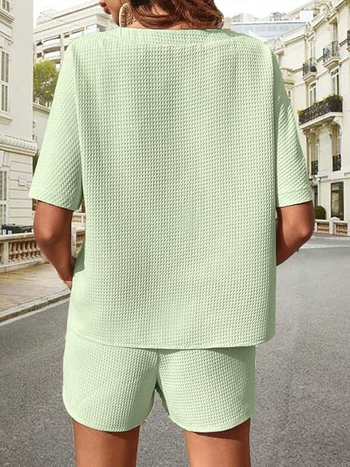 Light Green Waffle-Knit 2-Piece Loungewear Set