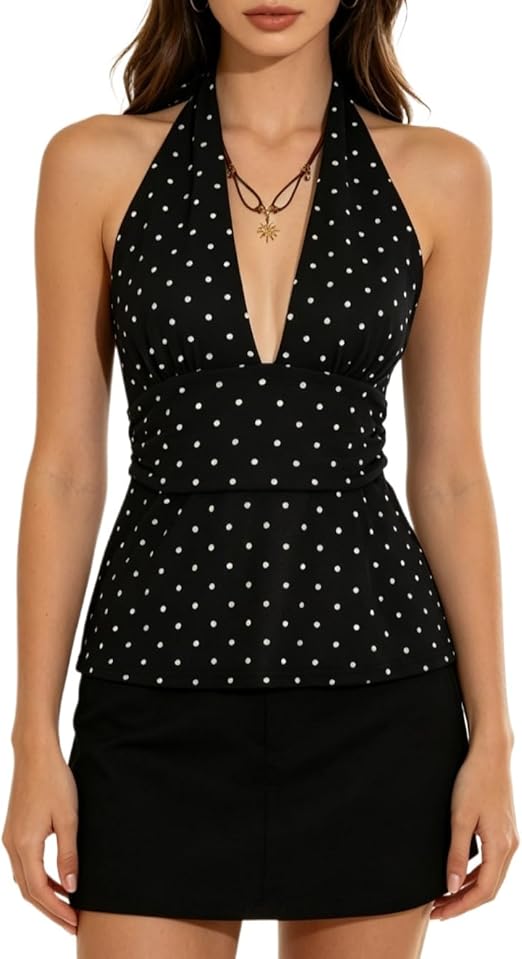 Black Halter Neck Peplum Top, Deep V-Neck Ruched Waist Sleeveless Blouse