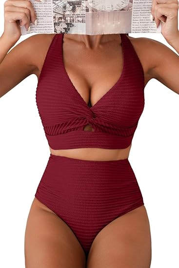 Orange Ribbed High-Waisted Bikini Set with Twist-Front Crop Top