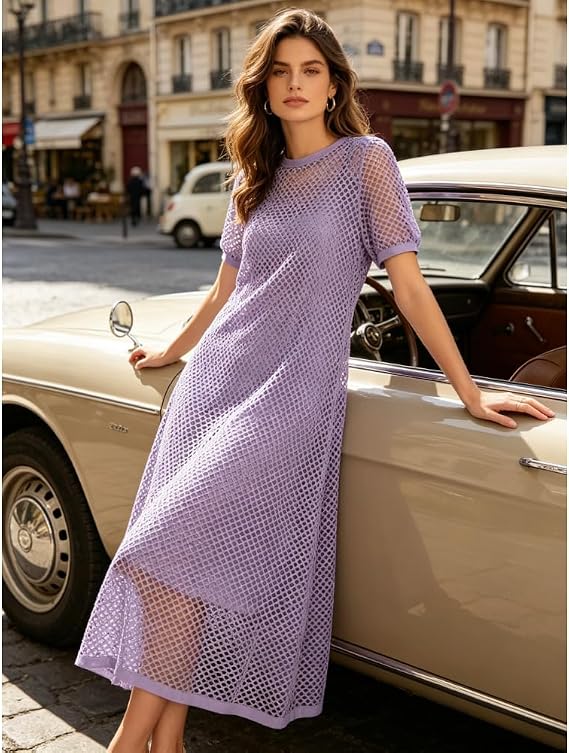 White Hollow Out Open Knit Short Sleeve Round Neck Maxi Cover Up Dress