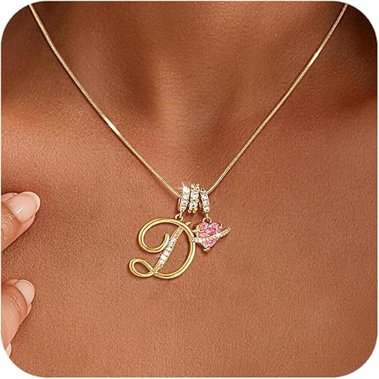 Personalized Pink Heart Saturn Initial Necklace – Dainty Gold &amp; Silver Letter Jewelry