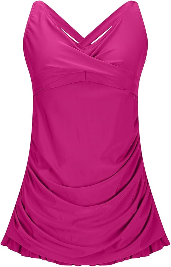 Women Retro Bikini Swimdress Tummy Control Bathing Suits Two Piece Tankini Tops