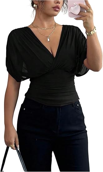 Olive Green Ruched Mesh Dolman Sleeve V-Neck Top
