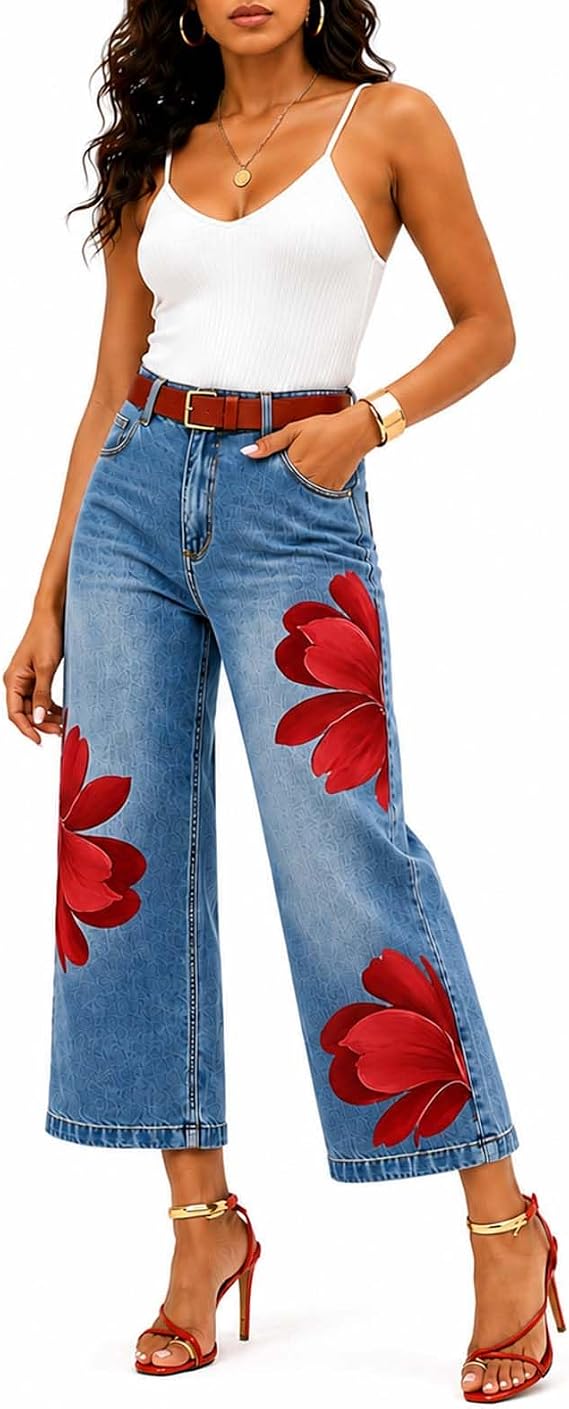 Medium Wash Cropped Wide Leg Jeans with Large Blue Floral Print