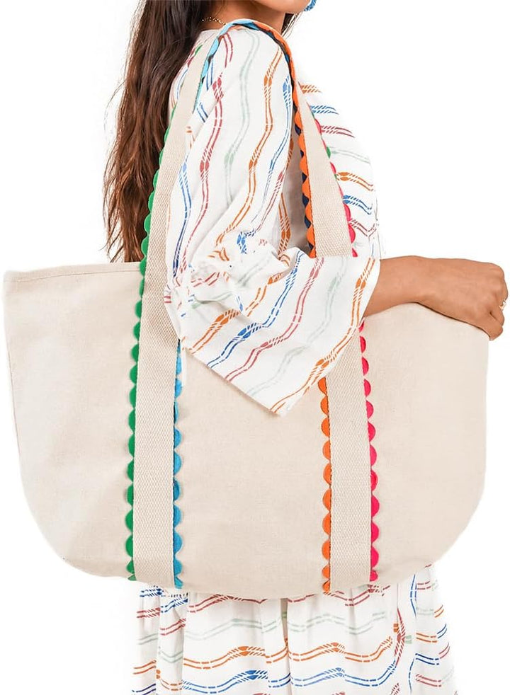 Colored Scalloped Cotton Tote Bag with Pouch, Canvas Mother &amp; Daughter Bags