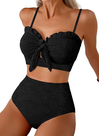 Textured Floral High-Waisted Bikini Set with Bow Front