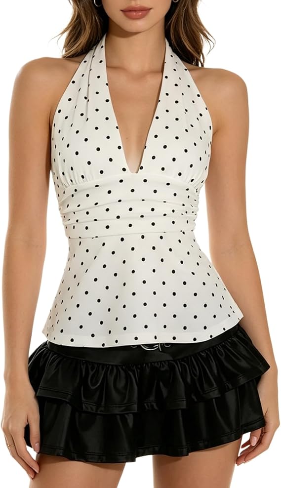 Black Halter Neck Peplum Top, Deep V-Neck Ruched Waist Sleeveless Blouse