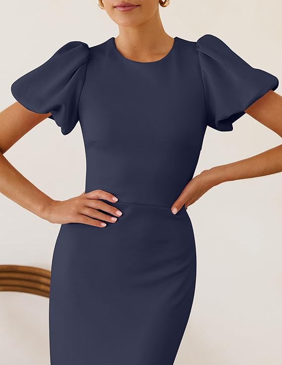 Beige Puff Sleeve Bodycon Midi Dress
