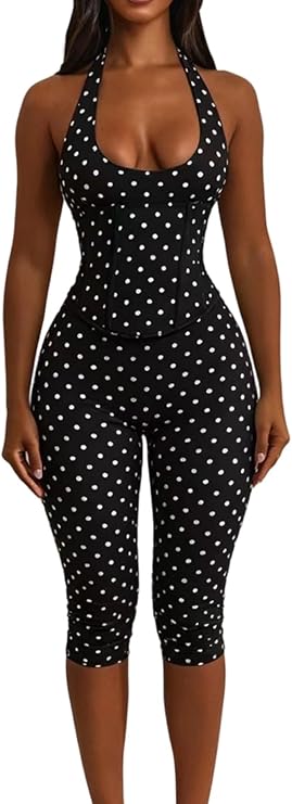 Polka Dot Halter Neck Backless Bodycon Jumpsuit