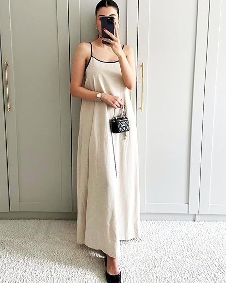 Minimalist Spaghetti Strap A-Line Maxi Dress | Cream Flowy Resort Dress