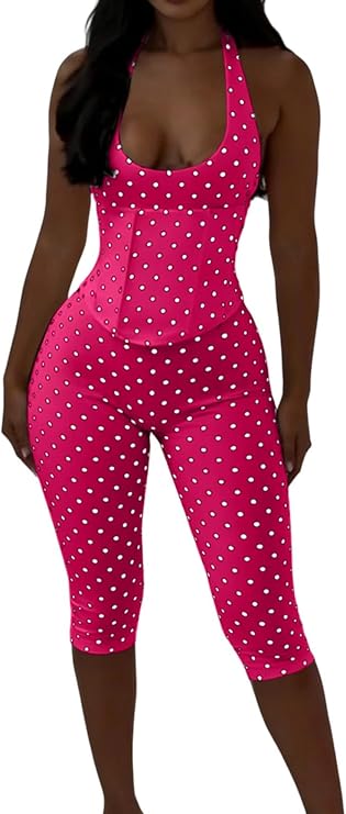 Polka Dot Halter Neck Backless Bodycon Jumpsuit